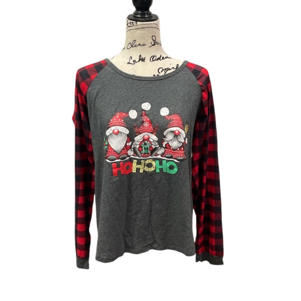 Women’s XL Christmas Gnome Plaid Raglan Graphic Holiday Shirt Buffalo Check